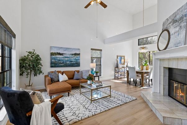 Dining room, Fireplace, Interior, Living room, Pendant Lights, Wood Texture Flooring