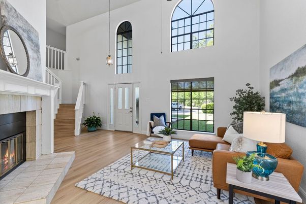 Fireplace, Interior, Living room, Pendant Lights, Wood Texture Flooring