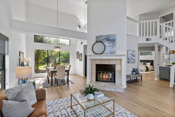 Dining room, Fireplace, Interior, Living room, Pendant Lights, Wood Texture Flooring