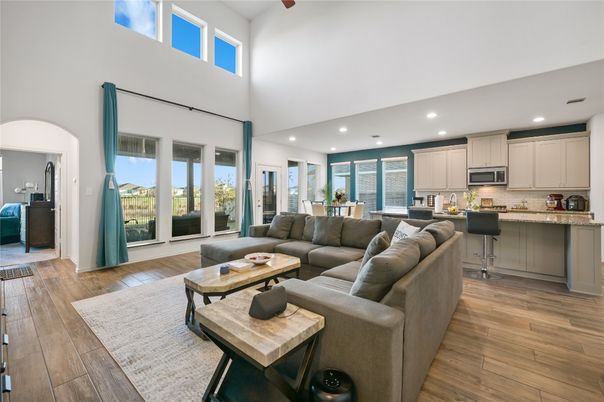 Dining room, Interior, Kitchen, Living room, Recessed Lighting, Wood Texture Flooring