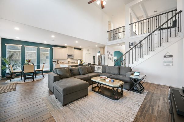 Dining room, Interior, Kitchen, Living room, Recessed Lighting, Stainless Steel Appliances, Wood Texture Flooring