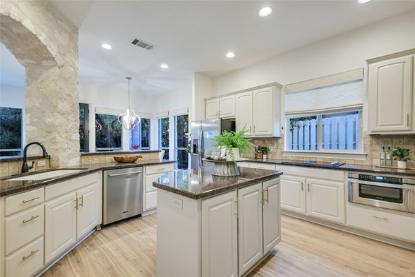 Interior, Kitchen, Pendant Lights, Recessed Lighting, Stainless Steel Appliances, Wood Texture Flooring