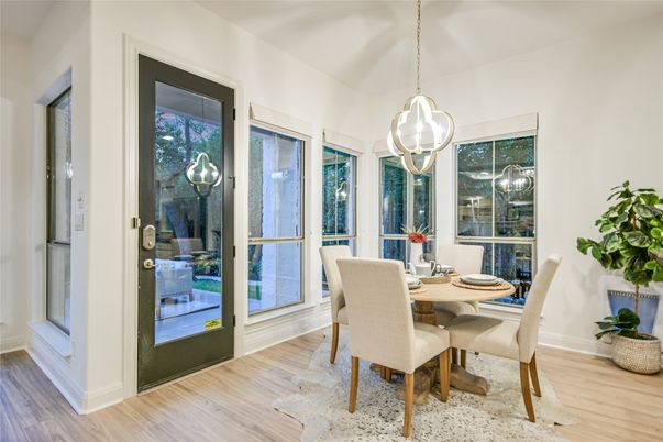 Dining room, Interior, Pendant Lights, Wood Texture Flooring