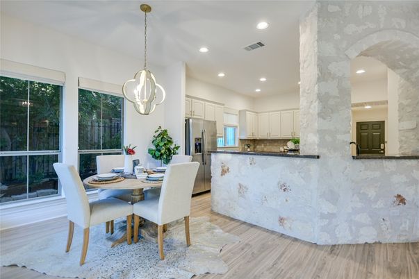 Dining room, Interior, Kitchen, Pendant Lights, Recessed Lighting, Stainless Steel Appliances, Wood Texture Flooring