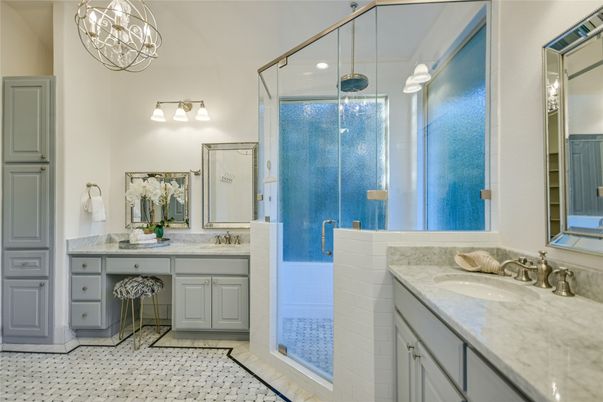 Bathroom, Dual Sink Vanities, Glass Shower, Interior, Pendant Lights