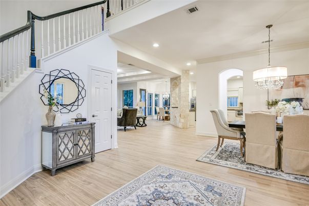 Chandelier, Dining room, Interior, Pendant Lights, Recessed Lighting, Wood Texture Flooring
