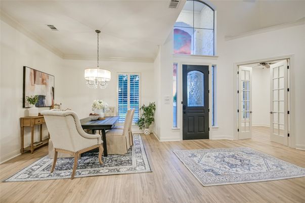 Dining room, Interior, Pendant Lights, Wood Texture Flooring
