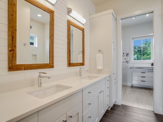Bathroom, Dual Sink Vanities, Interior, Recessed Lighting, Wood Texture Flooring