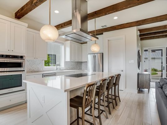 Interior, Kitchen, Pendant Lights, Recessed Lighting, Stainless Steel Appliances, Wooden Beams, Wood Texture Flooring