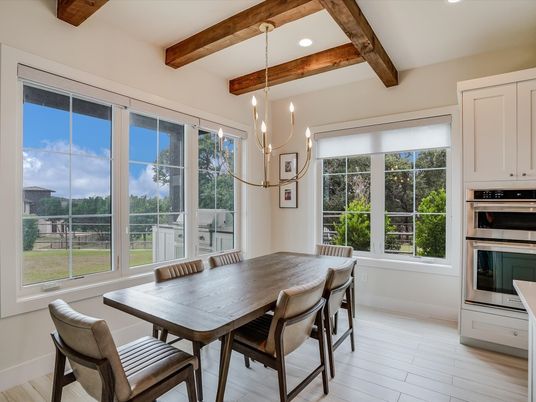Dining room, Interior, Pendant Lights, Recessed Lighting, Stainless Steel Appliances, Wooden Beams, Wood Texture Flooring