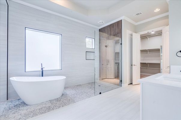 Bathroom, Dual Sink Vanities, Free Standing Baths, Glass Shower, Interior, Recessed Lighting
