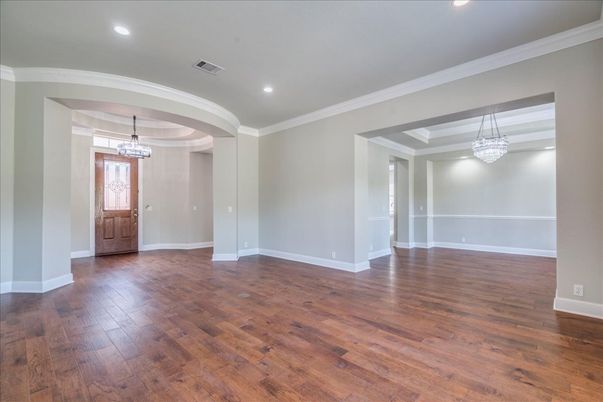 Chandelier, Empty room, Interior, Recessed Lighting, Wood Texture Flooring
