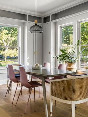 Dining room, Interior, Pendant Lights, Wood Texture Flooring