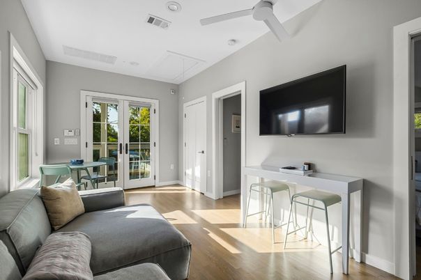 Interior, Living room, Recessed Lighting, Wood Texture Flooring