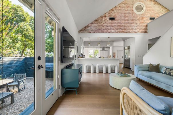 Interior, Kitchen, Pendant Lights, Stainless Steel Appliances, Stone Walls, Wood Texture Flooring
