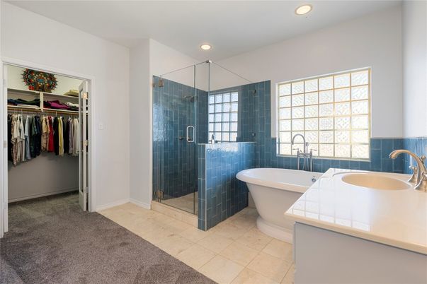 Bathroom, Dual Sink Vanities, Free Standing Baths, Glass Shower, Interior, Recessed Lighting, Walk-in Closets