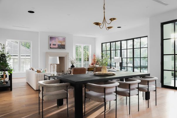 Dining room, Fireplace, Interior, Living room, Pendant Lights, Recessed Lighting, Wood Texture Flooring