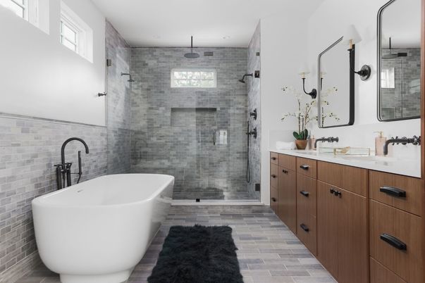 Bathroom, Dual Sink Vanities, Free Standing Baths, Glass Shower, Interior, Stone Walls