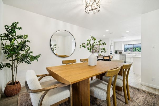 Dining room, Interior, Kitchen, Recessed Lighting, Wood Texture Flooring