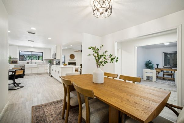 Dining room, Interior, Kitchen, Recessed Lighting, Wood Texture Flooring