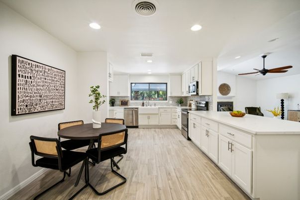 Dining room, Interior, Kitchen, Recessed Lighting, Wood Texture Flooring