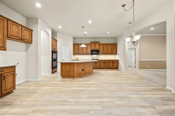 Chandelier, Interior, Kitchen, Pendant Lights, Recessed Lighting, Wood Texture Flooring