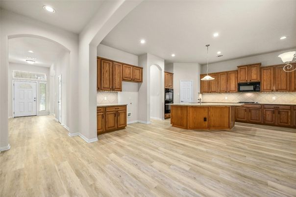 Interior, Kitchen, Pendant Lights, Recessed Lighting, Wood Texture Flooring