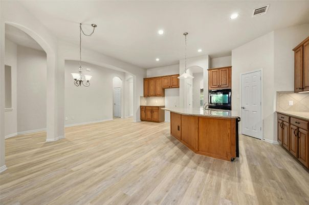 Chandelier, Interior, Kitchen, Pendant Lights, Recessed Lighting, Wood Texture Flooring