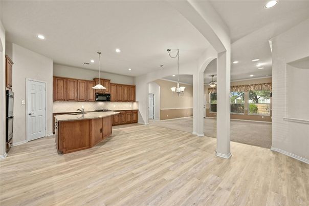 Chandelier, Interior, Kitchen, Pendant Lights, Recessed Lighting, Wood Texture Flooring