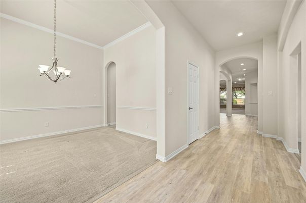 Chandelier, Empty room, Interior, Recessed Lighting, Wood Texture Flooring