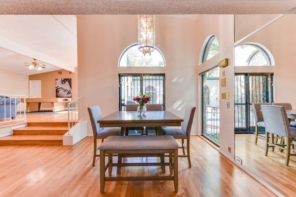 Dining room, Interior, Pendant Lights, Wood Texture Flooring
