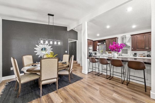 Dining room, Interior, Kitchen, Pendant Lights, Recessed Lighting, Wood Texture Flooring