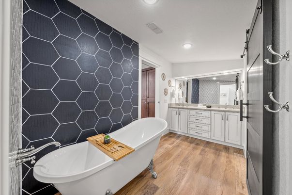 Bathroom, Dual Sink Vanities, Free Standing Baths, Interior, Recessed Lighting, Wood Texture Flooring