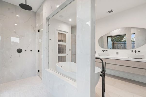 Bathroom, Dual Sink Vanities, Glass Shower, Interior, Marble Walls, Recessed Lighting