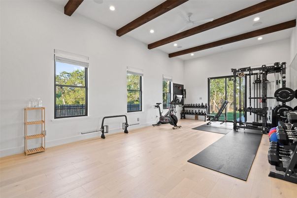 Fitness Equipment, Interior, Recessed Lighting, Wooden Beams, Wood Texture Flooring