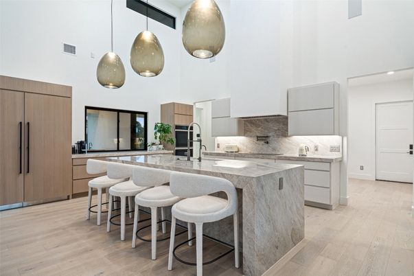 Interior, Kitchen, Pendant Lights, Recessed Lighting, Wood Texture Flooring