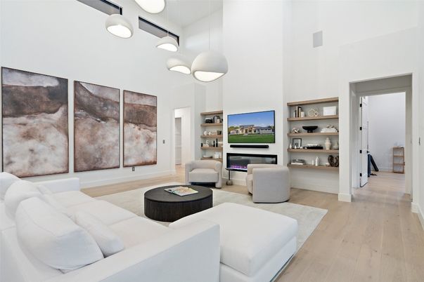 Fireplace, Interior, Living room, Pendant Lights, Wood Texture Flooring