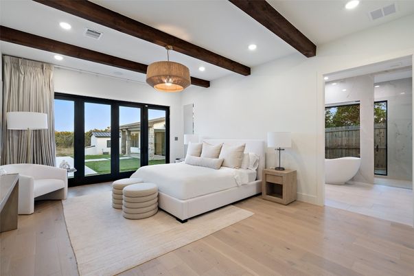 Bedroom, Interior, Pendant Lights, Recessed Lighting, Wooden Beams, Wood Texture Flooring