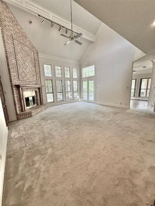 Empty room, Fireplace, Interior, Recessed Lighting, Stone Walls
