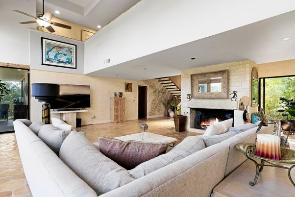Fireplace, Interior, Living room, Recessed Lighting, Stone Walls