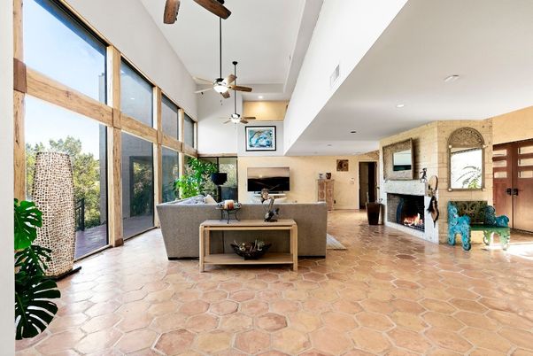 Fireplace, Interior, Living room, Recessed Lighting, Stone Walls