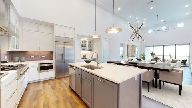 Dining room, Interior, Kitchen, Living room, Pendant Lights, Recessed Lighting, Stainless Steel Appliances, Wood Texture Flooring