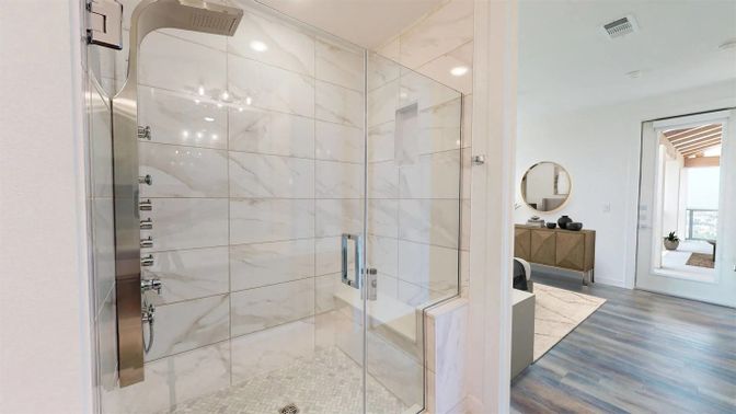 Bathroom, Glass Shower, Interior, Marble Walls, Recessed Lighting, Wood Texture Flooring
