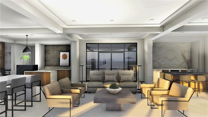 Interior, Living room, Pendant Lights, Recessed Lighting, Stone Walls