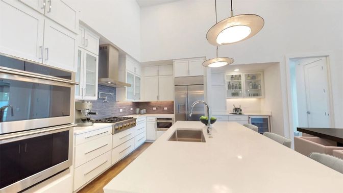 Interior, Kitchen, Pendant Lights, Stainless Steel Appliances, Wood Texture Flooring