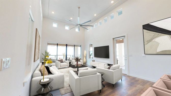 Interior, Living room, Pendant Lights, Recessed Lighting, Wood Texture Flooring