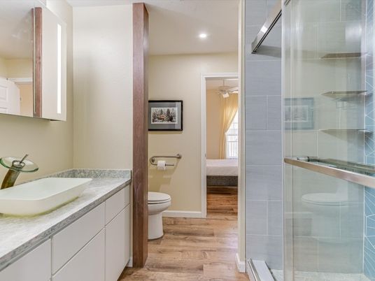 Bathroom, Glass Shower, Interior, Recessed Lighting, Wood Texture Flooring