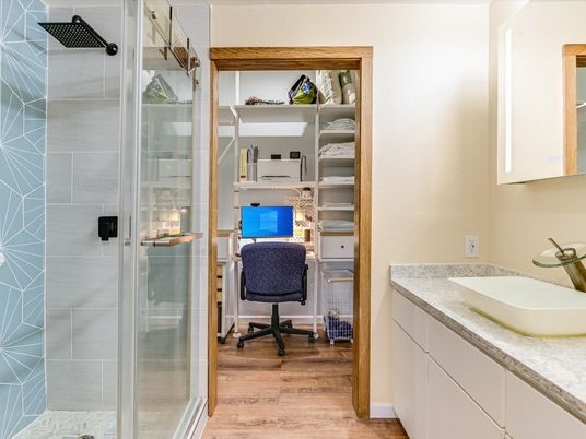Bathroom, Glass Shower, Home Office, Interior, Wood Texture Flooring