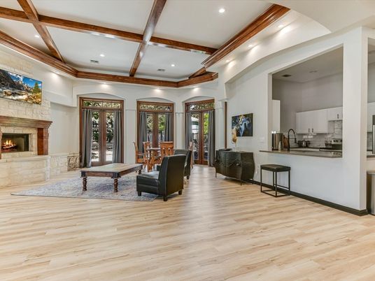 Fireplace, Interior, Living room, Recessed Lighting, Wooden Beams, Wood Texture Flooring