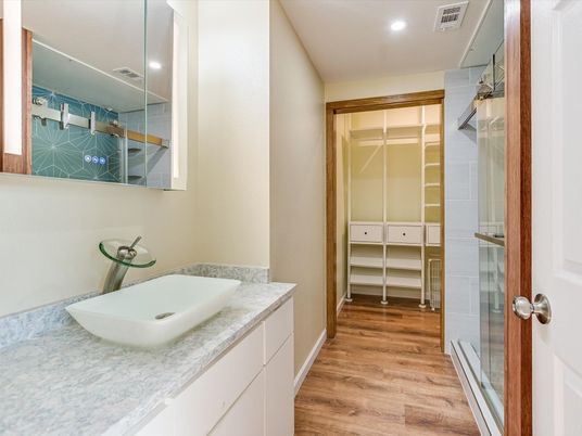 Bathroom, Interior, Recessed Lighting, Walk-in Closets, Wood Texture Flooring